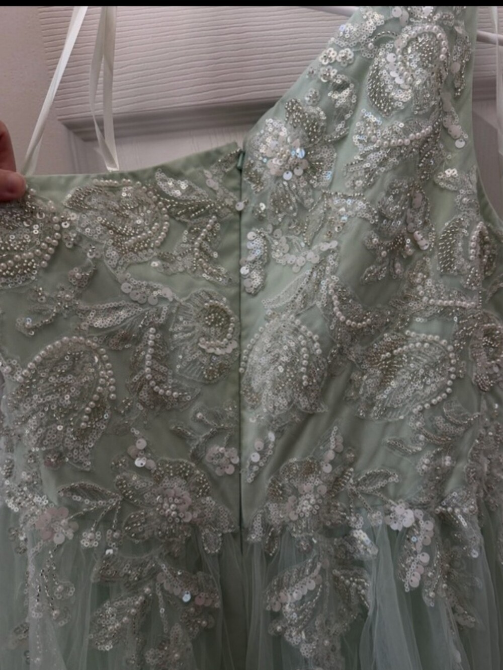 Embellished Sage Mint Lt. Blue Green Tulle Evening Dress - Picture 12 of 16